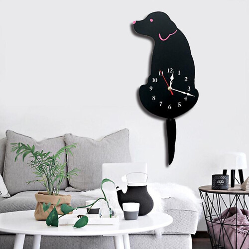 (Cc009 Black) Dog Shape Pendulum Wall Clock Creative Acrylic Wall Clock with Wagging Tail Home Decor Silent