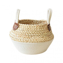 (Small size, White Basket) Simple Woven Plant Basket with Dual Handle Wear Resistant Flower Baskets for Home Garden