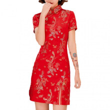 (S, Red) Retro Cheongsam Dress with Short Sleeve Skin-friendly Breathable Skirts for Women Female