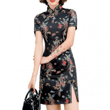 (2XL, Black) Retro Cheongsam Dress with Short Sleeve Skin-friendly Breathable Skirts for Women Female