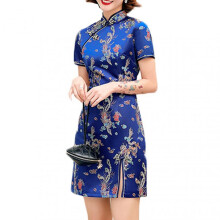 (XL, Blue) Retro Cheongsam Dress with Short Sleeve Skin-friendly Breathable Skirts for Women Female