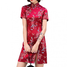 (XL, Red Wine) Retro Cheongsam Dress with Short Sleeve Skin-friendly Breathable Skirts for Women Female