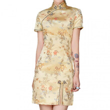 (2XL, Glod) Retro Cheongsam Dress with Short Sleeve Skin-friendly Breathable Skirts for Women Female