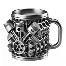 (V6) Personalized Stainless Steel Mug Engine Design Punk-Style Drinking Cup Double-Wall Insulated Cup for Car Enthusiasts