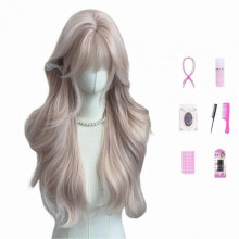 (A Care Set) Cosplay Party Wig Women's Grey Pink Natural Realistics Full Head Wig for Cosplay Events Conventions