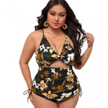 (L, Black Gold Floral) Stylish One Piece Sexys Swimsuit with Printed Soft Comfortable Spa Clothing for Beach Pool Party