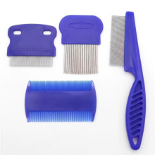 (Blue Four Piece Set) Stainless Steel 4pcs Flea & Lice Comb Set - Rounded Teeth, Professional Pet Grooming for Small, Medium & Large Cats and Dogs