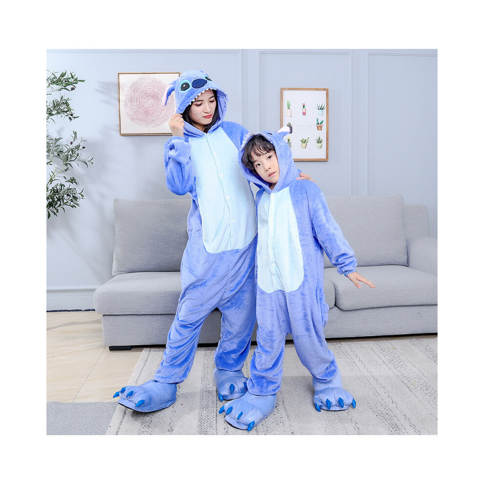 (Blue Boy, M) Autumn and winter cartoon one-piece pajamas parent-child pickup funny dinosaur flannel performance leisure home