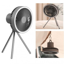 (Grey) Wireless Ceiling Electric Fan with Power Bank Rechargeable Desktop Portable Circulator Camping LED Lighting 10000mAh