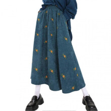 (L, Green) Embroidery Corduroy-Skirt Fashion Floral Ditsy Midi Skirt for Dating Working Wear