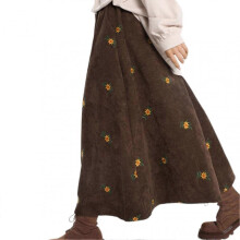(M, Khaki) Embroidery Corduroy-Skirt Fashion Floral Ditsy Midi Skirt for Dating Working Wear