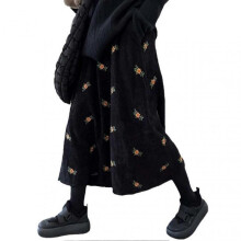 (S, Black) Embroidery Corduroy-Skirt Fashion Floral Ditsy Midi Skirt for Dating Working Wear