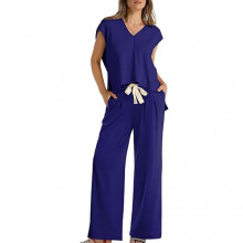 (S, Dark Blue) Pure-Color Wide Leg Pants Hooded Top for Women Comfortable Breathable Clothings for Indoor Outdoor