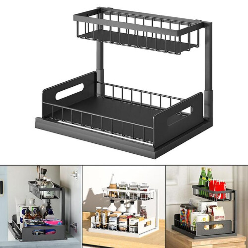 (Black) Under Sink Storage Shelf Double Layers Organizer Baskets with Pull Out Drawers 1
