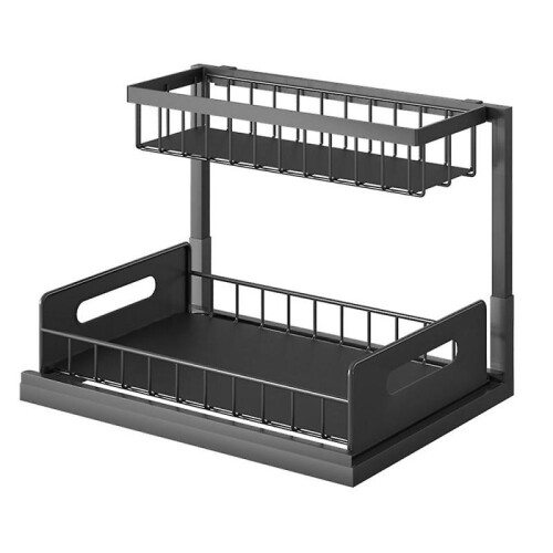 (Black) Under Sink Storage Shelf Double Layers Organizer Baskets with Pull Out Drawers 2