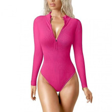 (XL, Rose Red) Sexys Ribbed Front Zip Long Sleeve Bodysuits Comfortable Breathable Clothes for Outdoor Walking