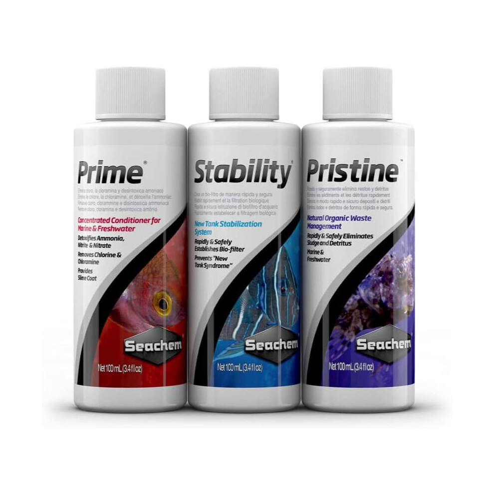 Seachem Surestart Contains 100 Ml Bottles Of Prime, Stability, Pristine