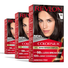 Revlon ColorSilk met Bond Repair Complex Zwart Permanente haarkleur 100% grijsdekking Ammoniakvrije haarverf Vegan Keratine 20 Bruin Zwart (pak van 3