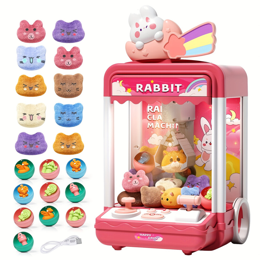 Closkye (【】Rabbit Head Doll Machine) Large Claw Machine Toy For Kids - Miniature Gumball Machine With 10 Dolls, Twisted Eggs & Usb Cable - Fun Birthda Red/Pink