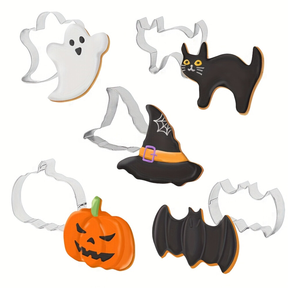 Yeepano (Halloween Mold, 5Pcs) Halloween Stainless Steel Cookie Cutter Set For Ghost, Egg, Skull, Witch Hat, Cat, Pumpkin, Bat, Halloween Fondant Cookies, Diy