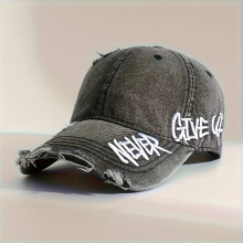 (Black, One-size) Vintage Washed Denim Baseball Cap for Women - Retro Embroidered "NEVER GIVE UP" Design, Lightweight & Breathable, Adjustable Fit, Frayed