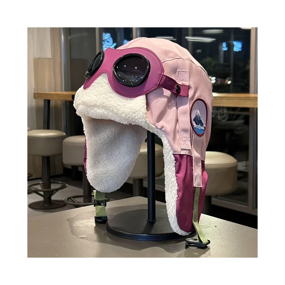 Xerteam (Pink (Hat Circumference 56-59Cm)) Women's Winter Pilot Hat With Goggles -Thick Fleece-Lined Windproof Ear Flap Bomber Cap, Plush Fleece-Lined Adjusta