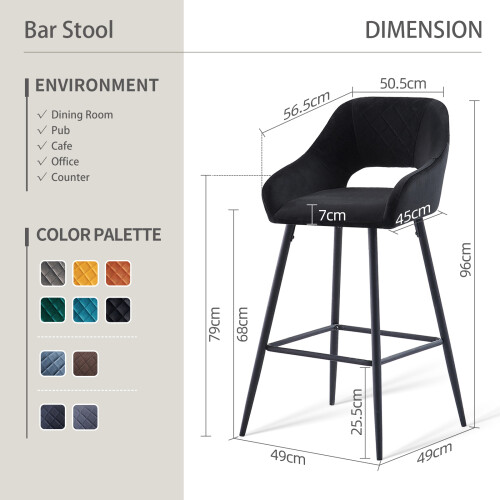 (2pcs,Black) Set of 2 Bar Stools Velvet Breakfast Bar Stools Rest 1