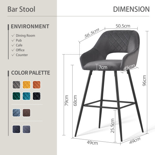 (2pcs, Grey) Set of 2 Bar Stools Velvet Breakfast Bar Stools Rest 2