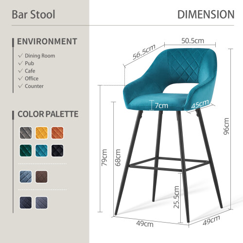 (2pcs, Teal) Set of 2 Bar Stools Velvet Breakfast Bar Stools Rest 1