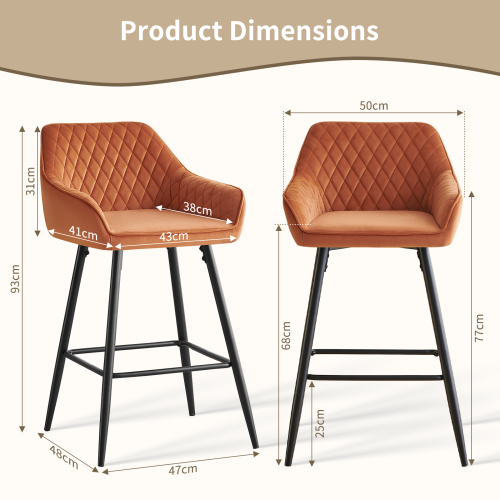 (Orange) Bar Stools X2 Velvet Bar Stools Breakfast Chairs 2