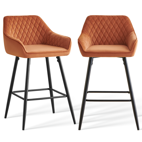 (Orange) Bar Stools X2 Velvet Bar Stools Breakfast Chairs