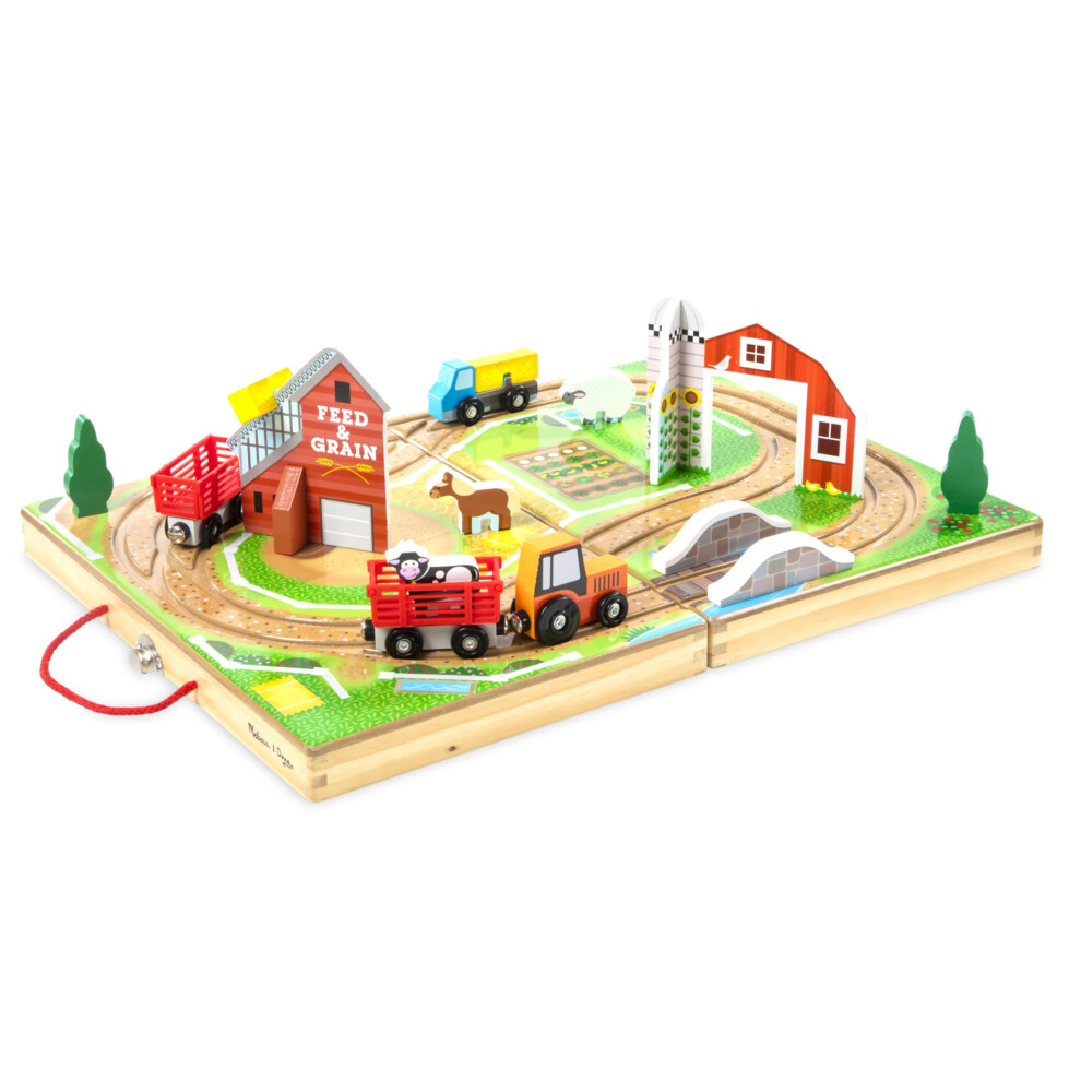 Photos - Doll Melissa&Doug Melissa & Doug 17-Piece Wooden Take-Along Tabletop Farm 4 Farm Vehicles Play Pieces Barn Grain House 30142