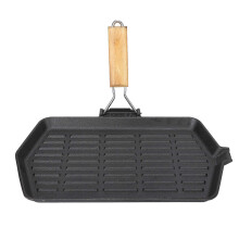 21x35 Grillpan Huishoudelijke Draagbare Opvouwbare Gietijzeren Antiaanbaklaag Steakkoekenpan met Houten