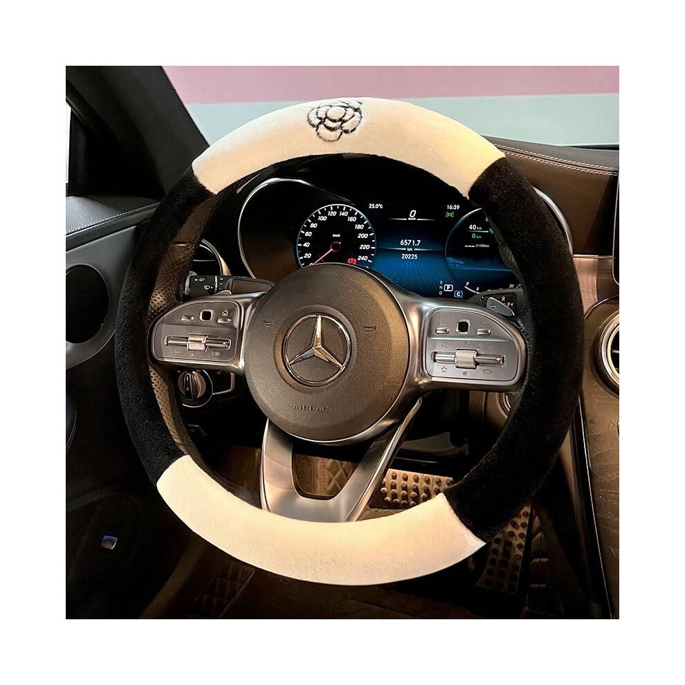 (Black and white plush camellia round, 38cm) Winter Camellia Car Steering Wheel Cover Plush Warm Non-slip Wear-resistant Car Handle Cover Cute Car Sup-image-OPC-PJ2MQ98-NEW