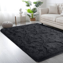 (120x170 cm (4ft x 5ft 8")- Small Area Rug Shaggy Fluffy Carpet) Black Shaggy Area Rugs Non-Slip Carpet Runner Mats