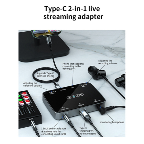 Adaptateur de carte son de diffusion en direct 2 en 1 adapté à l'interface 2