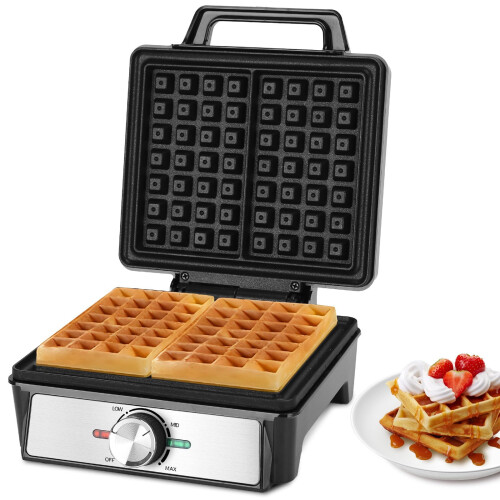 Waffle Iron for 2 Belgian Waffles, 1600W, NonStick, Adjustable Temp, LED