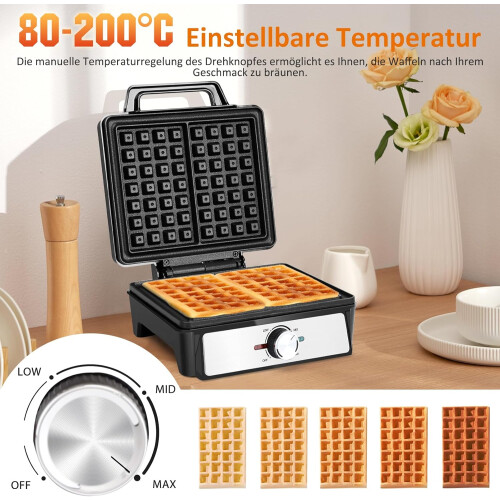 Waffle Iron for 2 Belgian Waffles, 1600W, NonStick, Adjustable Temp, LED 1