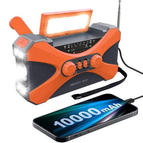 Ραδιόφωνο έκτακτης ανάγκης 10000MAh, Ηλιακός χειροστρόφαλος με φορτιστή, Πορτοκαλί LED