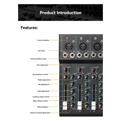Mixer de áudio profissional de 7 canais com reprodutor de MP3 USB Plug UE 2