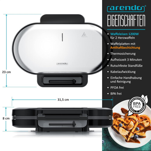 Waffle Iron 1200W  Double Maker  14cm  Nonstick  Heart Shape  Thermostat 1
