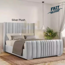 (Grey (No Mattress), 4ft Small Double (No Gaslift)) Winged Panel Bed Frame Plush Double Bed with 54in Headboard, Mattress & Ottoman Gas Lift Storage Option