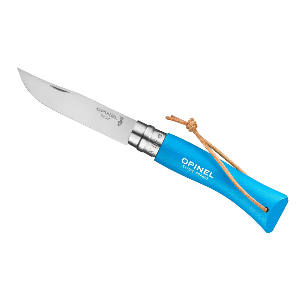 Opinel No 7 Colorama 8Cm Locking Knife With Strap - Stainless Steel Blade Cyan