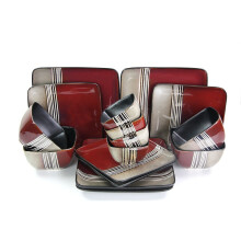 Elama Square Stoneware Loft Collection Dinnerware Dish Set 16 Piece Red and Tan with White Accents