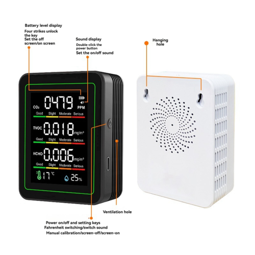 Binnenluchtkwaliteitsmonitor, CO2-monitor/temperatuur/formaldehydezwart 2