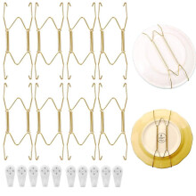 Pack of 8 Plate Hangers, Plate Hangers for Walls, 8 Inch Golden WType Plate Hanger with 10 Wall Hooks for Home Kitchen Decor, Wall Decoration