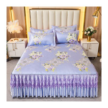 Princess Style Luxury Ice Silk 3piece Bed SkirtPillowcaseSet Queen King Super King Size Lace Bedspread Soft Cool Bed Sheet