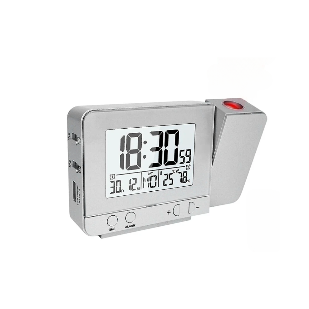 (Silver) Projection Alarm Clock For Bedroom With Thermometer Hygrometer Digital Project Ceiling Clock Dimmable Led Display With Usb Charger 180rotable