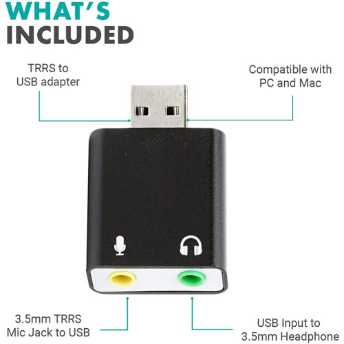 Microfone TRS de 3,5 mm para placa de som externa de áudio USB 2.0 para PC 2