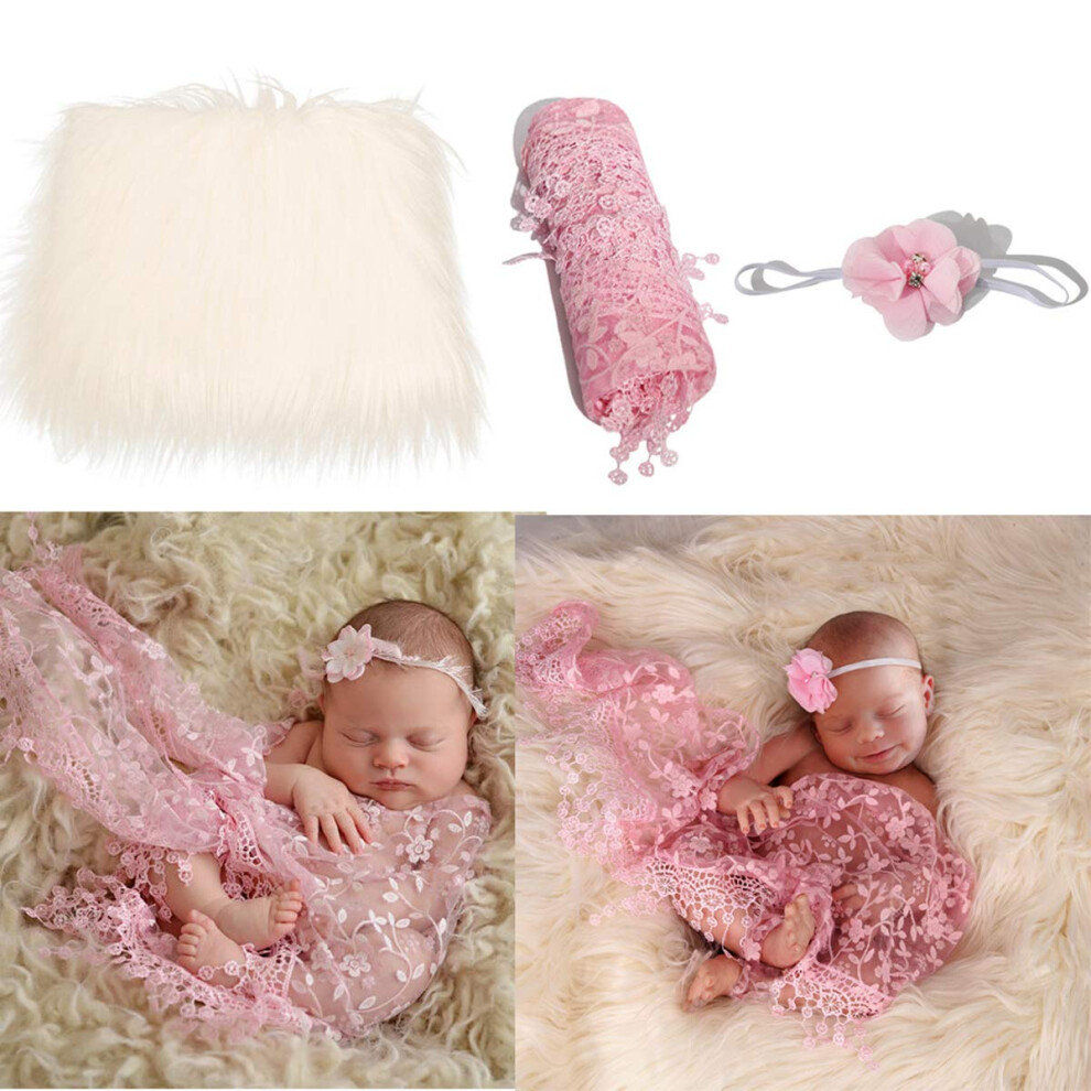 Baby Photo Props 3 Pieces Baby Fluffy Blanket Born Wrap Flower Headband Set Diy Photography Outfits Medium And Grey/Beige/Pink 6493810240720